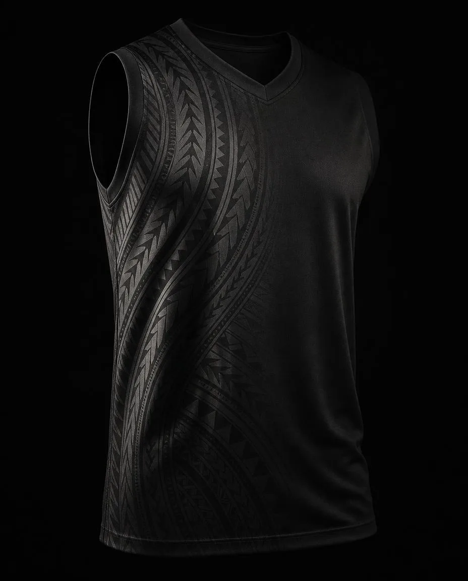 Tonal onyx basketball jersey with tiare vine climbing the ribs and gold piping